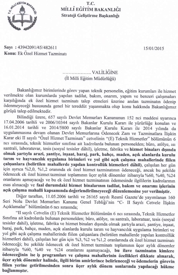 Teknik personele ilave tazminatla ilgili MEB görüşü