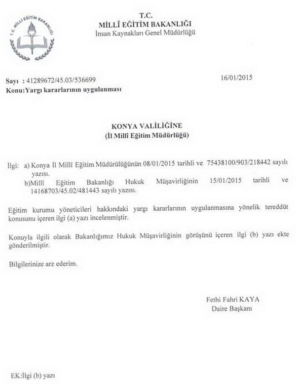 Eğitim kurumu yöneticilerinin yargı kararları hakkında görüş yazısı