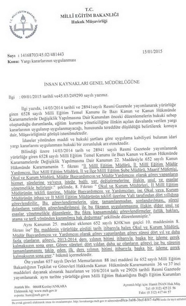 Eğitim kurumu yöneticilerinin yargı kararları hakkında görüş yazısı