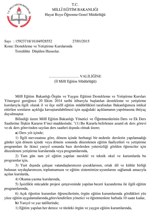 Destekleme ve Yetiştirme Kurslarında Tereddüte Düşülen Hususlar