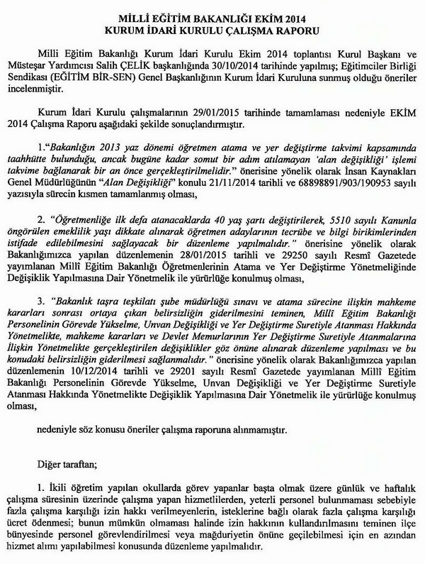 Ekim 2014 Kurum İdari Kurulu Çalışma Raporu