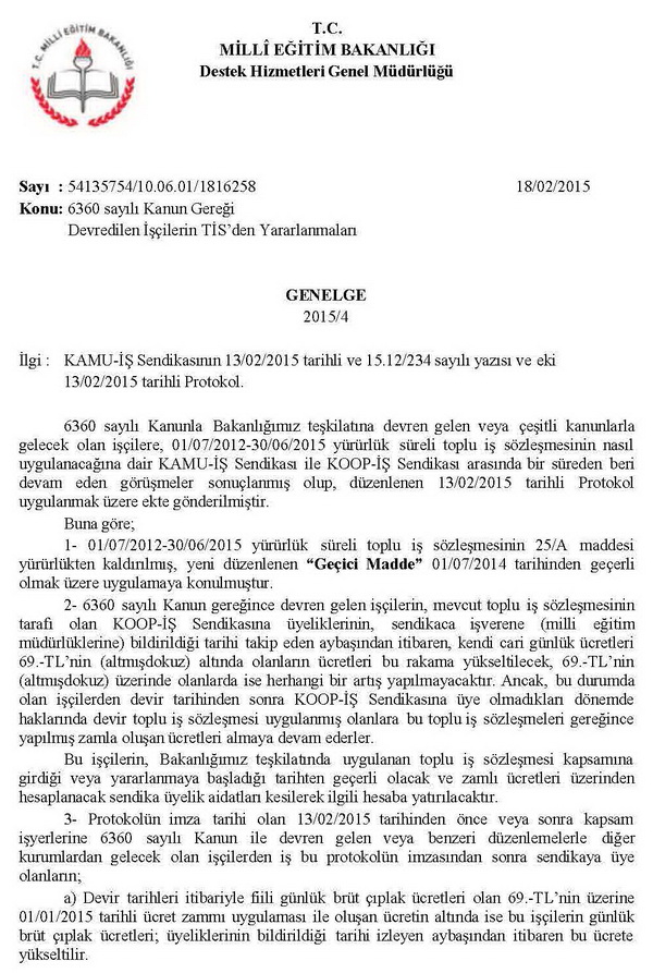 MEB'den devredilen işçiler hakkında genelge