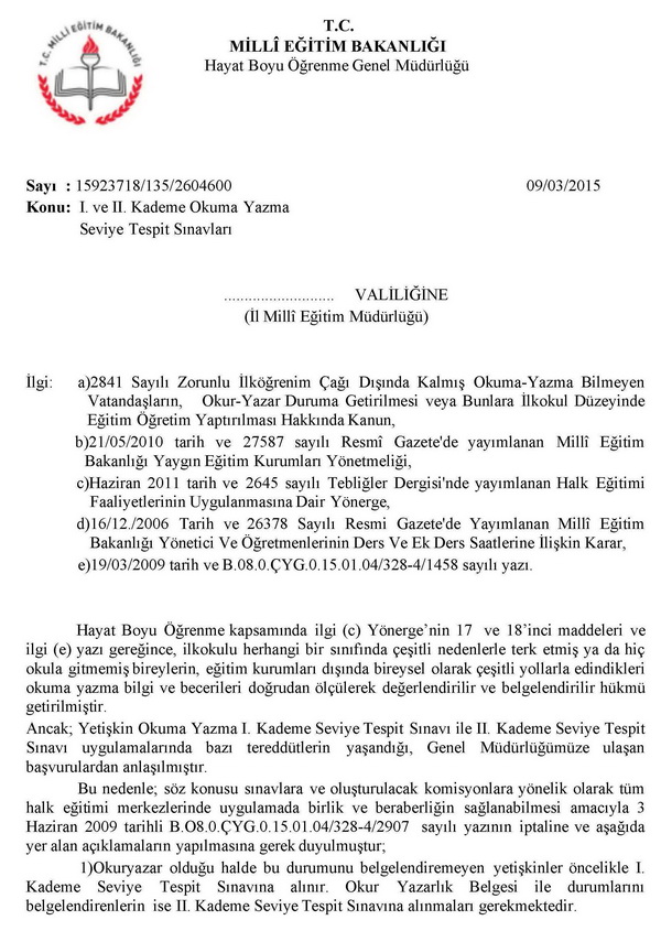 Okuma yazma seviye tespit sınavları