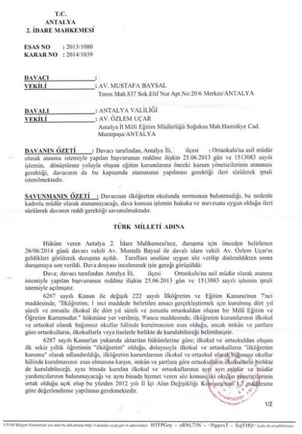 Alan Değiştiren Okul Müdürü, Davayı Kazandı