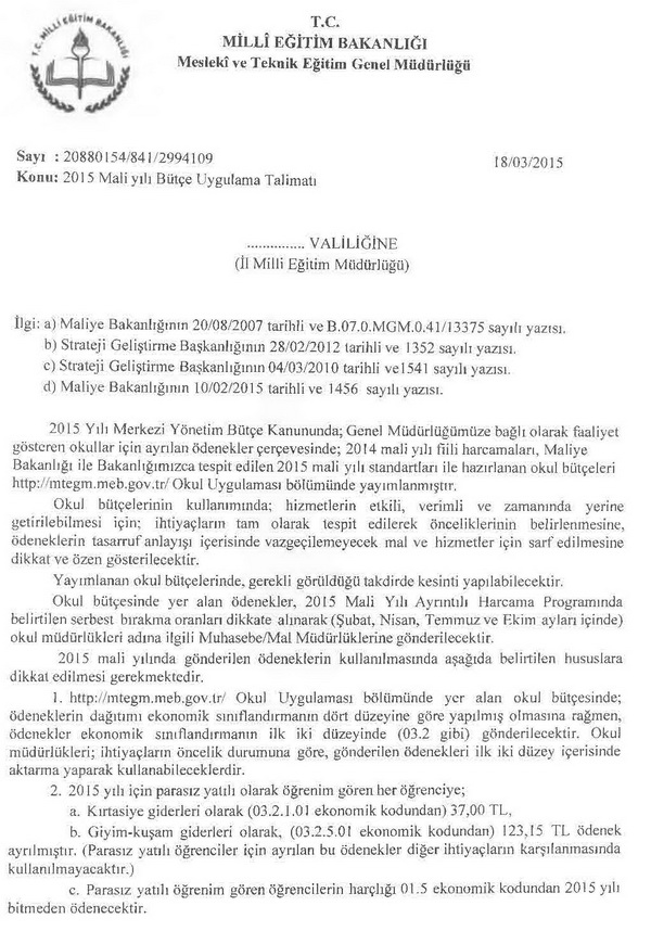 MEB 2015 mali yılı bütçe uygulama talimatı