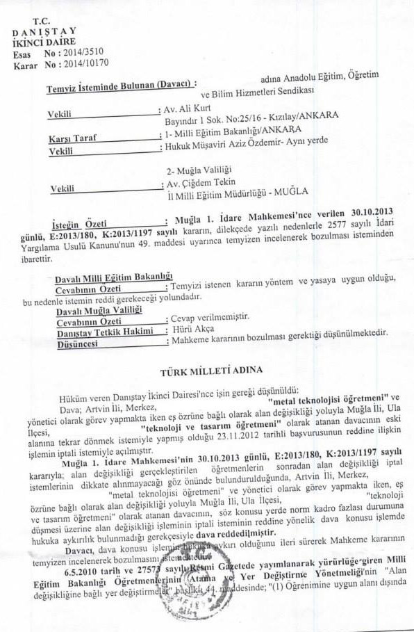 Öğretmen, Alan Değişikliği İptal Davasını Kazandı