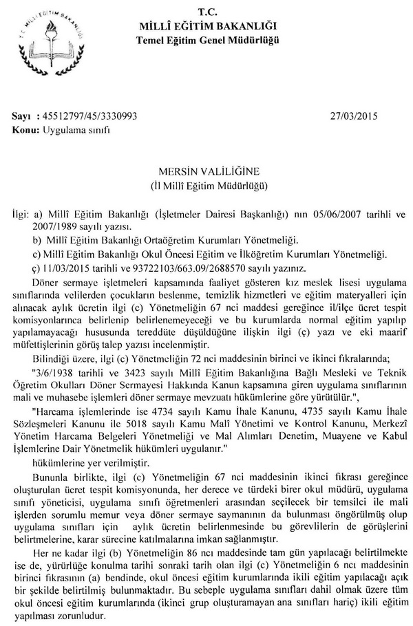 Kız meslek liseleri uygulama sınıfları görüş yazısı