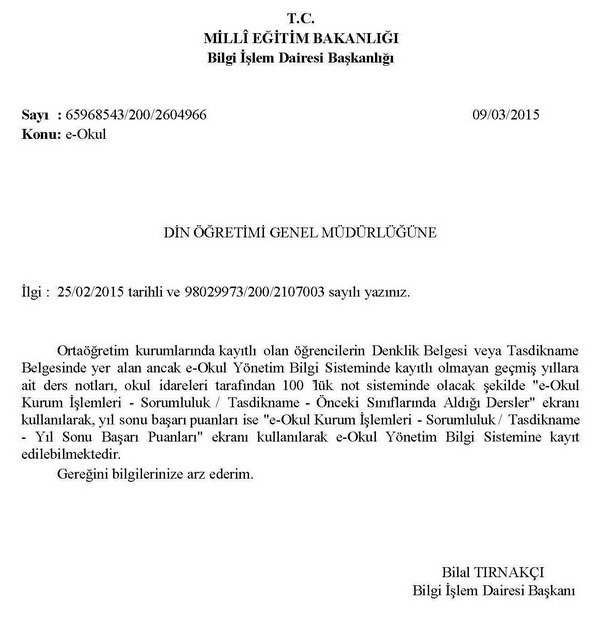 Kayıtlı olmayan geçmiş yıllara ait notlar e-okula kaydedilecek