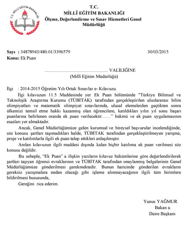 TÜBİTAK tarafından gerçekleştirilmeyen yarışmalara ek puan verilmiyor