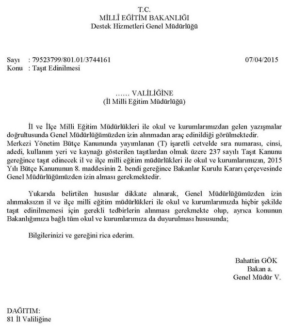 MEB'den izinsiz taşıt almayın emri