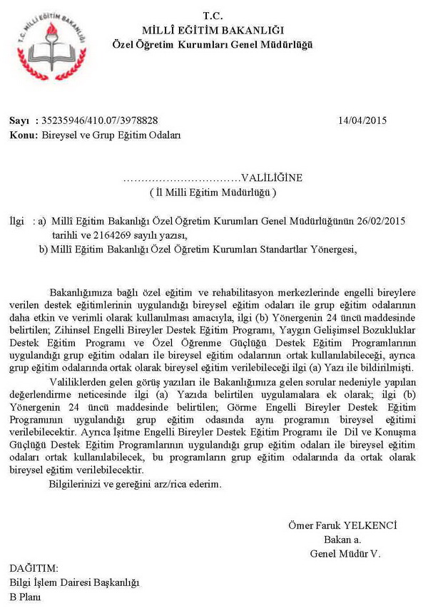 Bireysel ve Grup Eğitim Odaları görüş yazısı