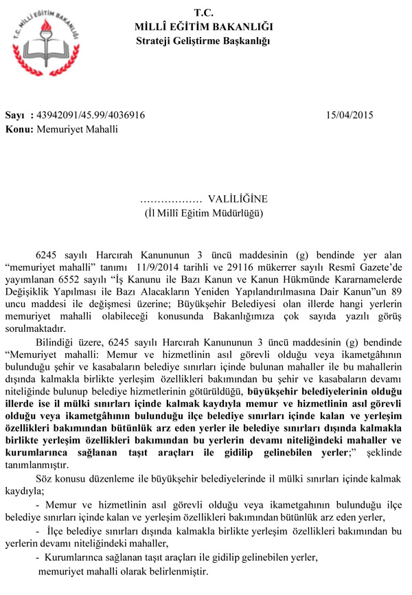 MEB'den ''Memuriyet Mahalli'' Yazısı
