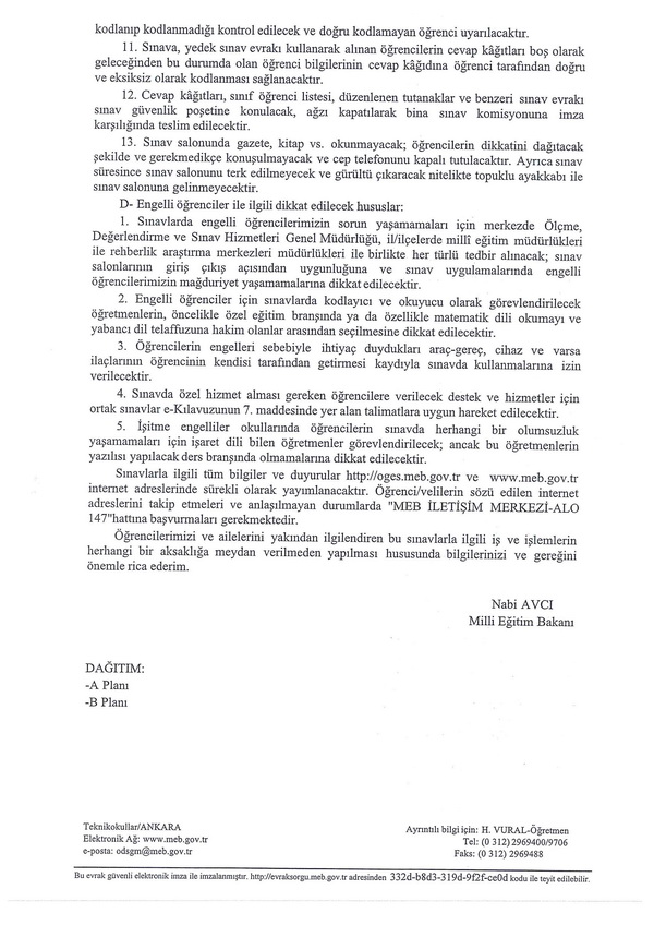 MEB'den 2. Dönem TEOG Genelgesi