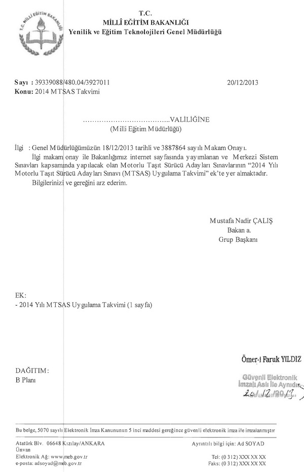 MEB -Yetiştirme Kurslarına İlişkin Ek Ders Yazısı - RESMİ YAZI