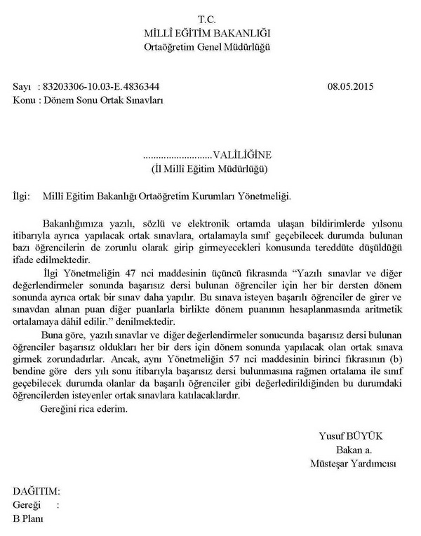 MEB'den Ortak Sınavlar Görüş Yazısı