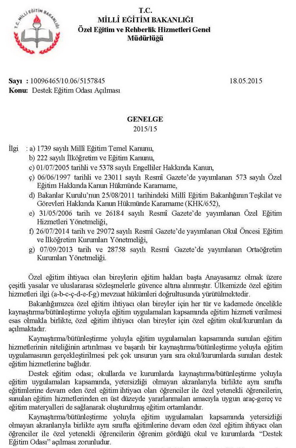MEB'den destek eğitim odası açılması genelgesi