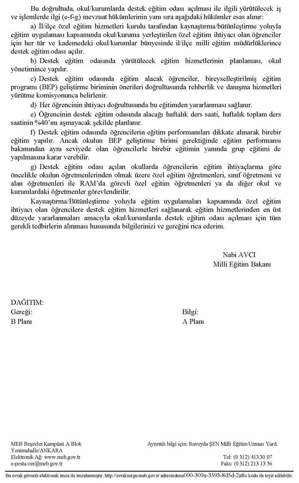 MEB'den destek eğitim odası açılması genelgesi