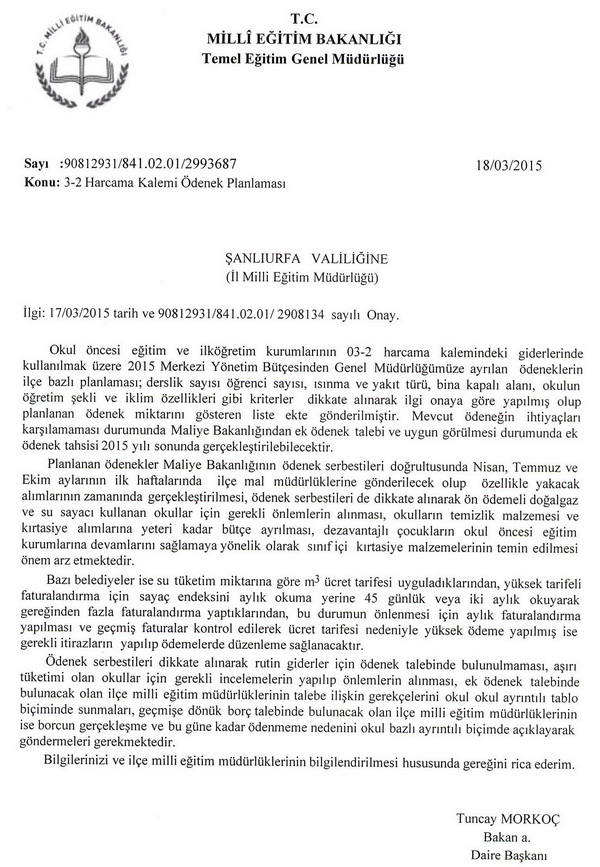 MEB'den ödenek planlama yazısı