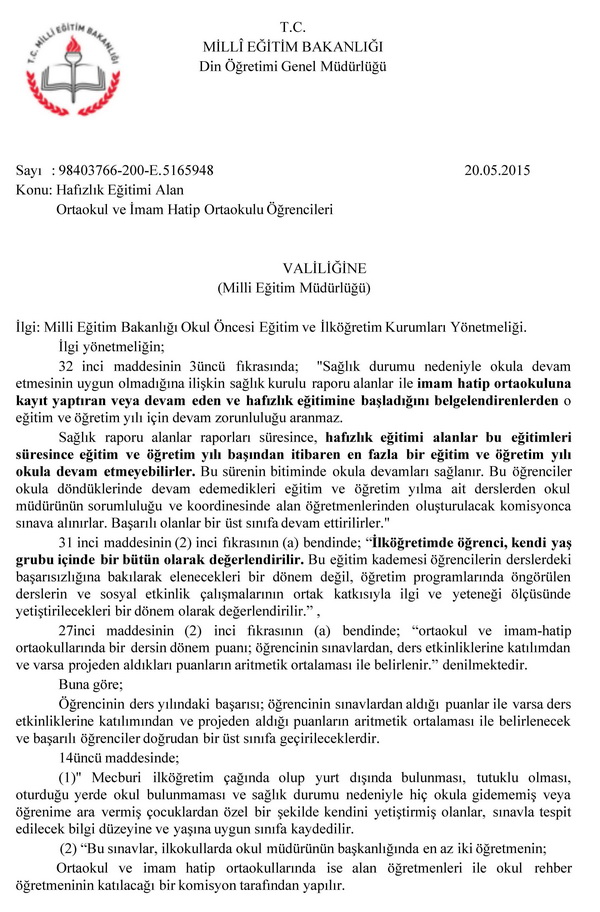 Hafızlık eğitimi alan ortaokul ve imam hatip ortaokulu öğrencileri