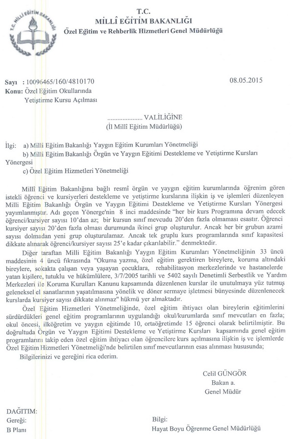 Özel eğitim okullarında yetiştirme kursu açılması