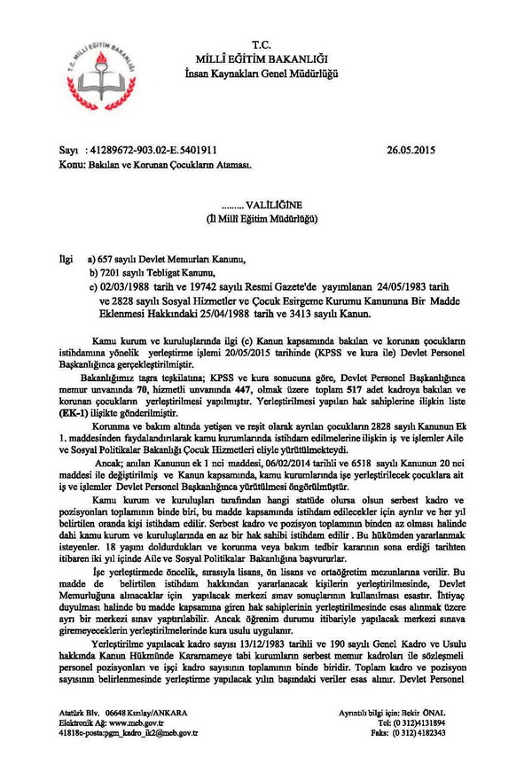 Bakılan ve korunan çocukların atanması