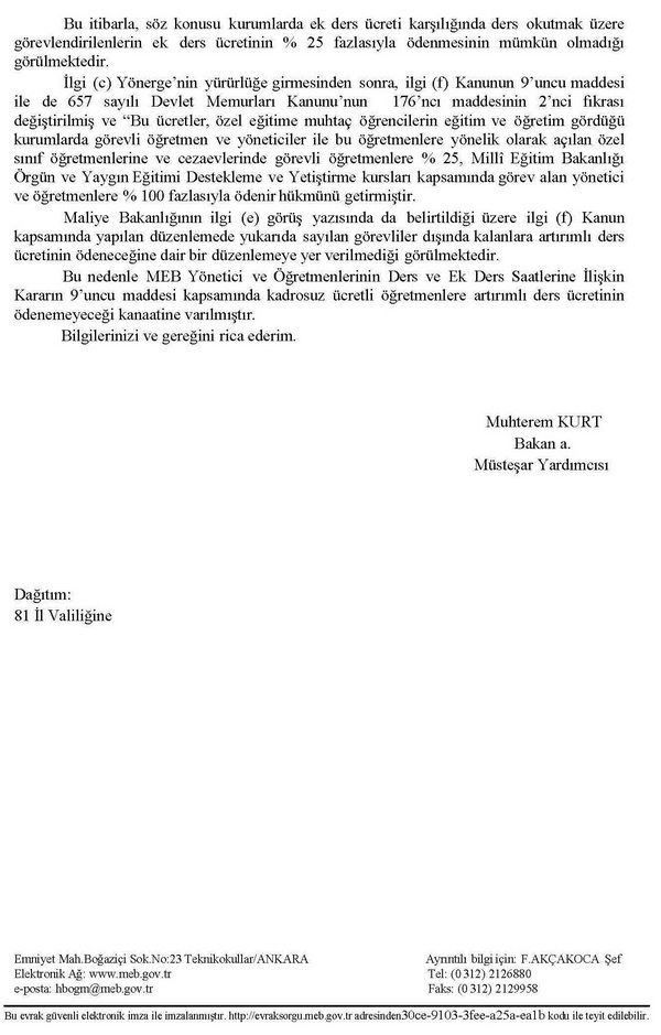 Kurslarda ücretli öğretmenlere ek ders iki katı ödenmeyecek