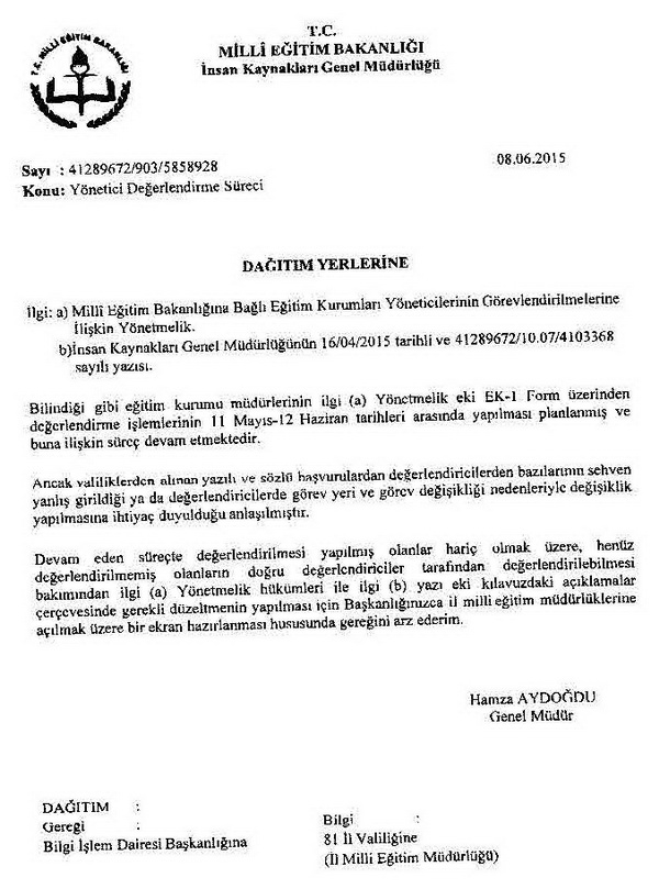 MEB'den yönetici değerlendirme süreci yazısı