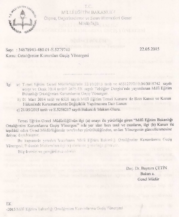 Ortaöğretim kurumları geçiş yönergesi değişti