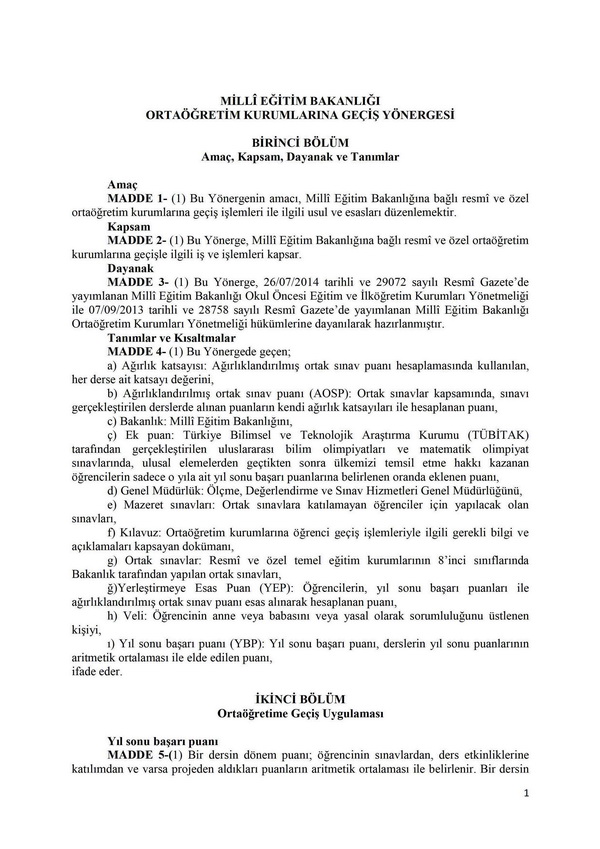 Ortaöğretim kurumları geçiş yönergesi değişti