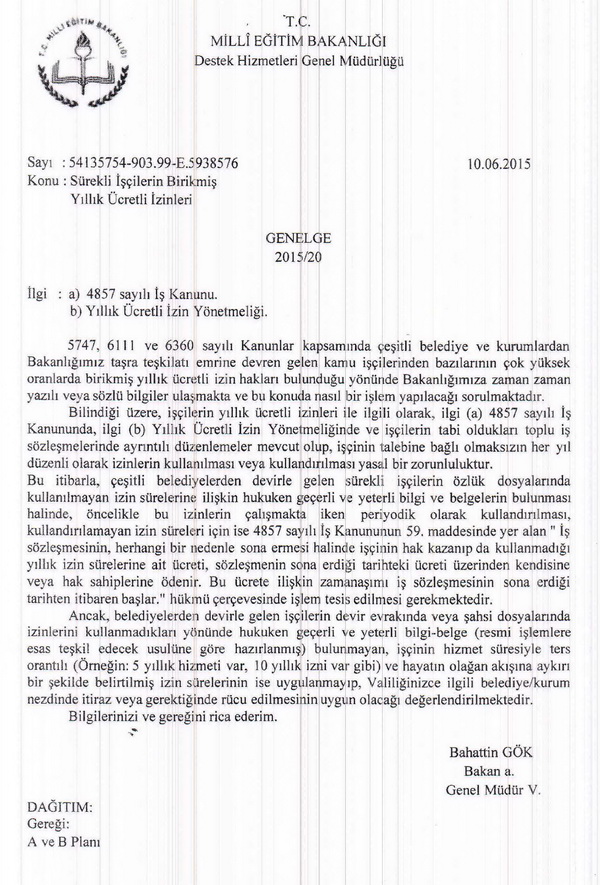 MEB, işçilerin yıllık izinleri hakkında genelge yayınladı