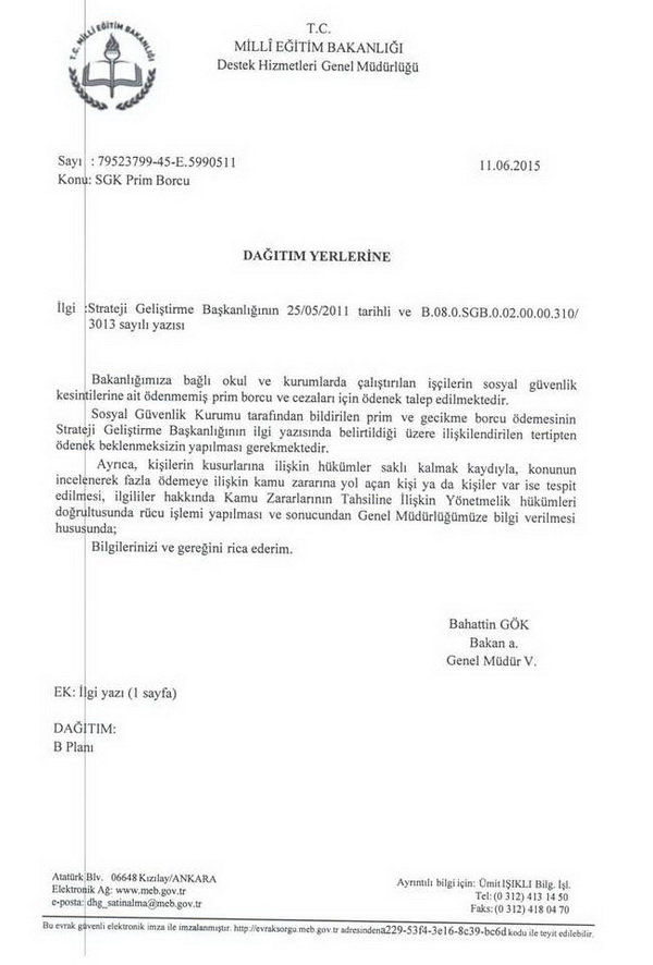 MEB'den SGK prim borcu yazısı