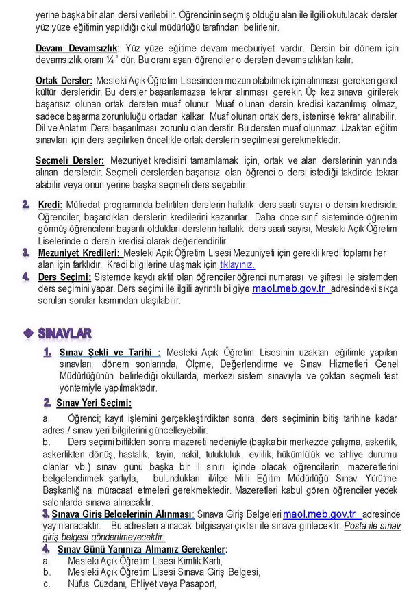 Mesleki Açık Öğretim Lisesi kayıt yenileme ücreti 25,00 TL