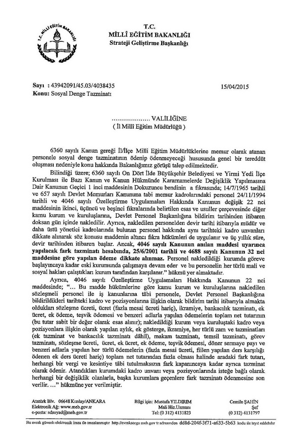 MEB'den sosyal denge tazminatı görüş yazısı