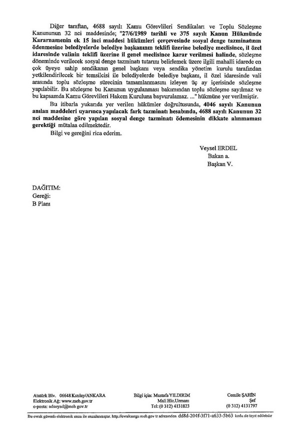 MEB'den sosyal denge tazminatı görüş yazısı