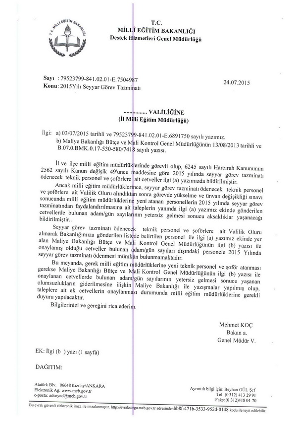 MEB'den seyyar görev tazminatı görüş yazısı