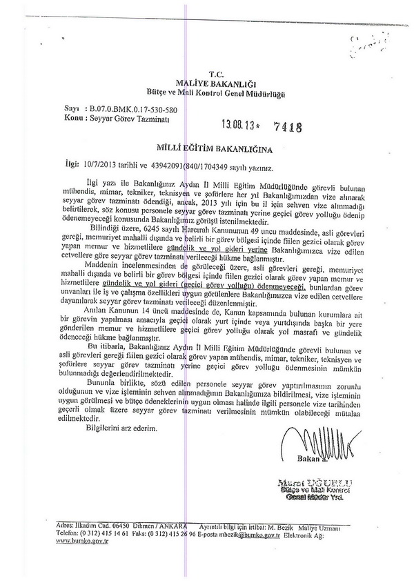 MEB'den seyyar görev tazminatı görüş yazısı