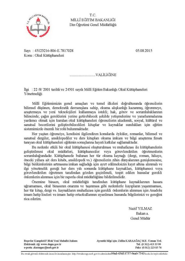 MEB'den okul kütüphaneleri yazısı