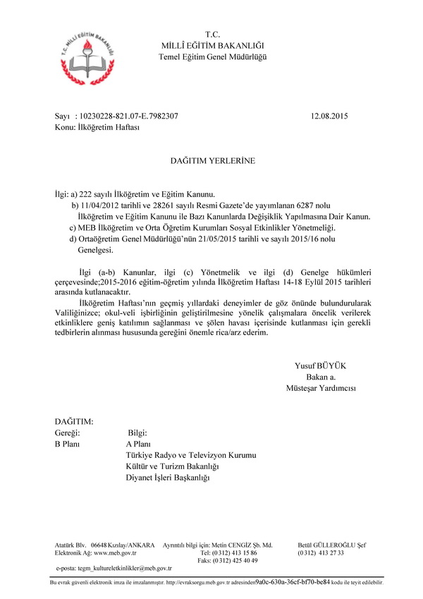 İlköğretim Haftası 14-18 Eylülde