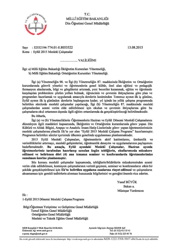 Din Öğretimi Genel Müdürlüğü Eylül Seminer Çalışmaları