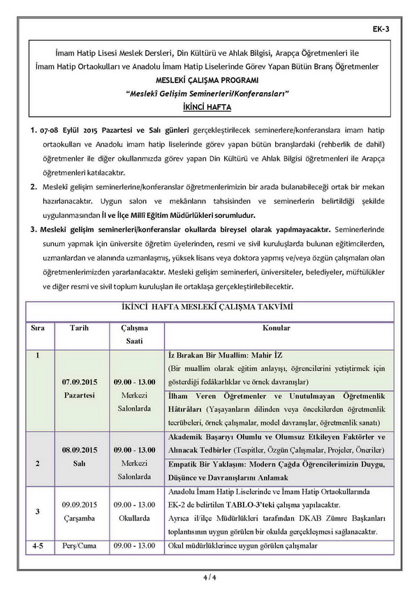 Din Öğretimi Genel Müdürlüğü Eylül Seminer Çalışmaları