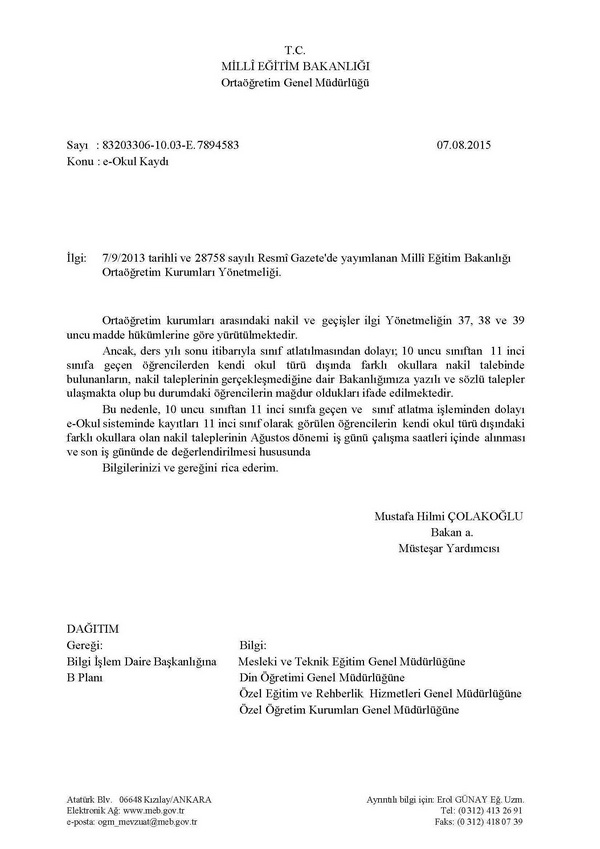 MEB'den öğrenci nakilleri yazısı