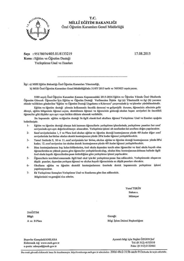 Eğitim desteği yerleştirme usul ve esasları