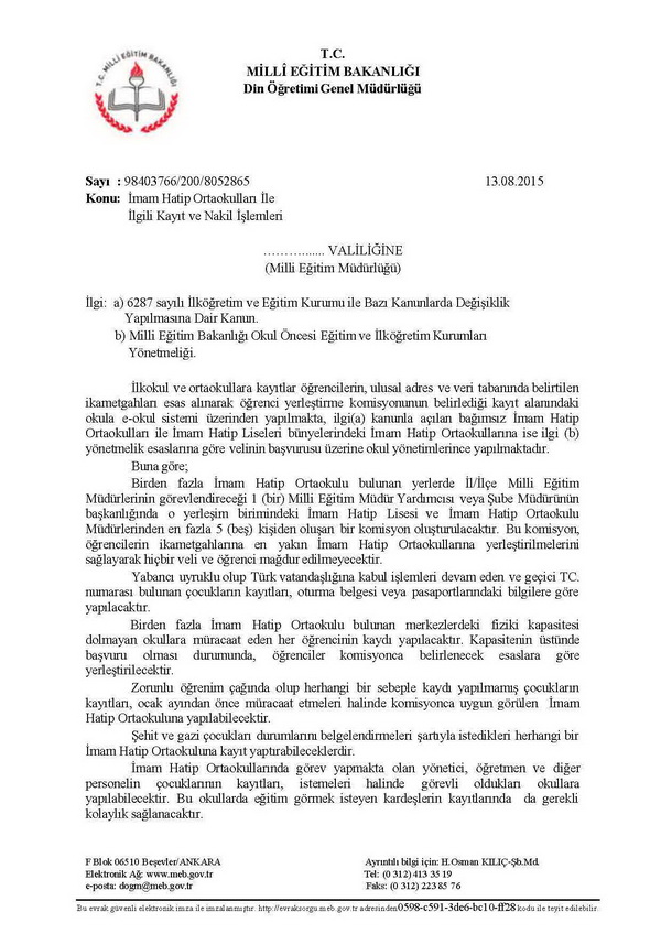 İmam hatip ortaokulları ile ilgili kayıt ve nakil işlemleri