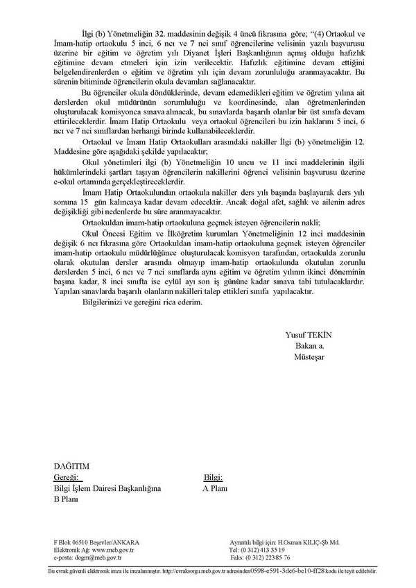 İmam hatip ortaokulları ile ilgili kayıt ve nakil işlemleri