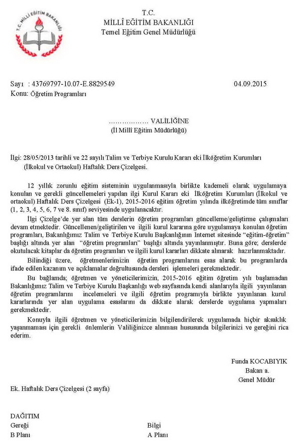 İlköğretim kurumları haftalık ders çizelgesi değişti