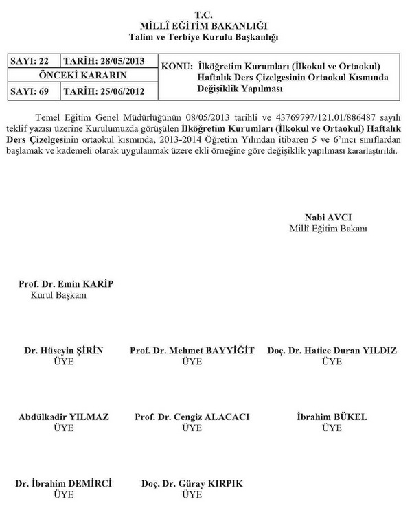 İlköğretim kurumları haftalık ders çizelgesi değişti