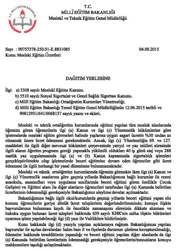 Öğrencilere ödenecek staj ve işletmede mesleki eğitim ücretleri