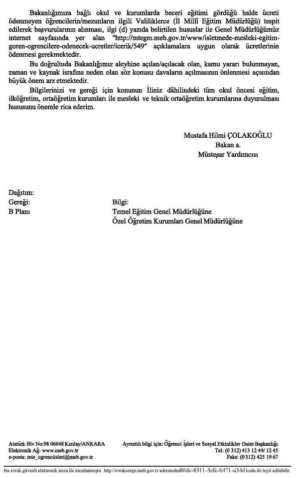 Öğrencilere ödenecek staj ve işletmede mesleki eğitim ücretleri