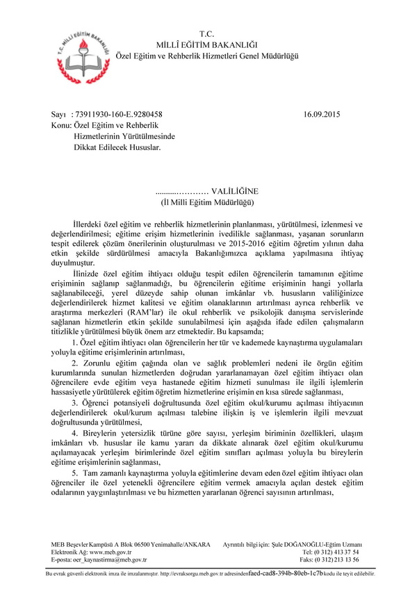 Özel eğitim ve rehberlik hizmetlerinin yürütülmesinde dikkat edilecek hususlar