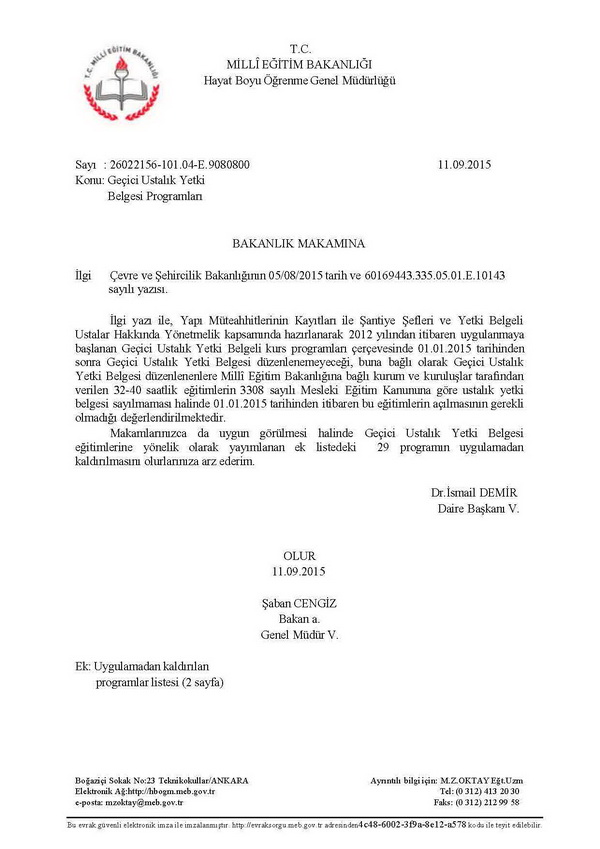 Geçici ustalık yetki belgesi proğramları kaldırıldı